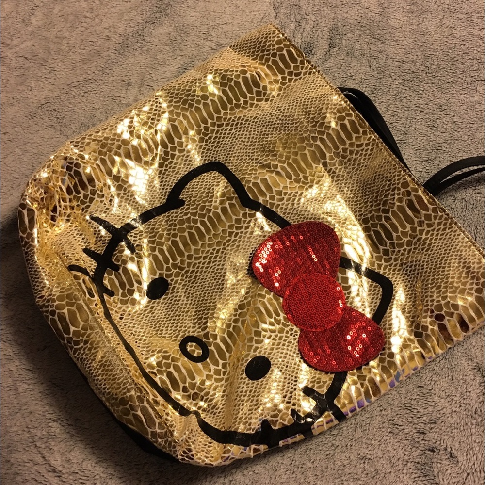 Hello Kitty Metallic Gold Tote Bag Sanrio Sequin Bow Y2K Glam Shoulder Bag - Picture 3 of 5